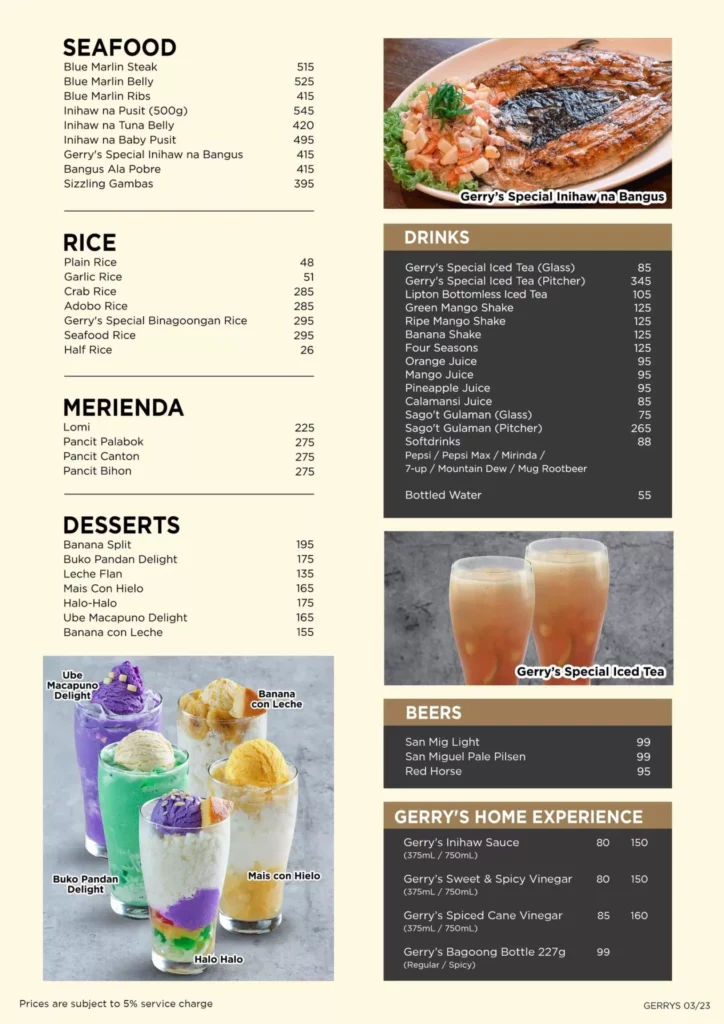 GERRY’S RESTAURANT AND BAR RICE PRICES