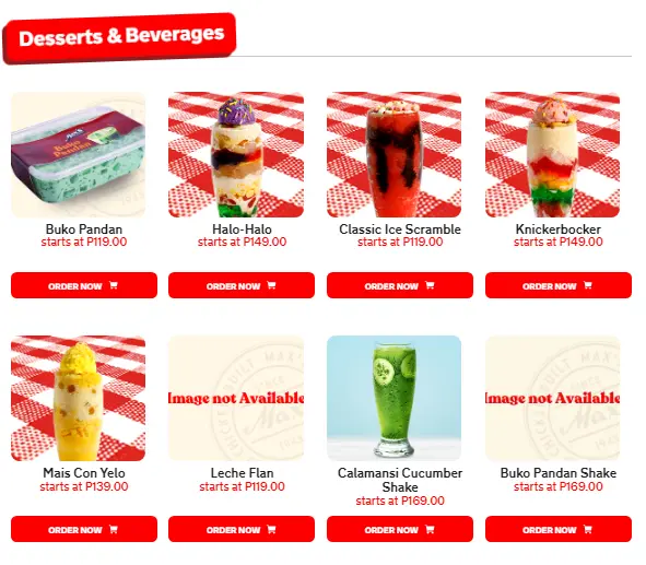 MAX’S DESSERTS & BEVERAGES PRICES