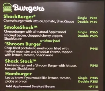 SHAKE SHACK BURGERS MENU WITH PRICES