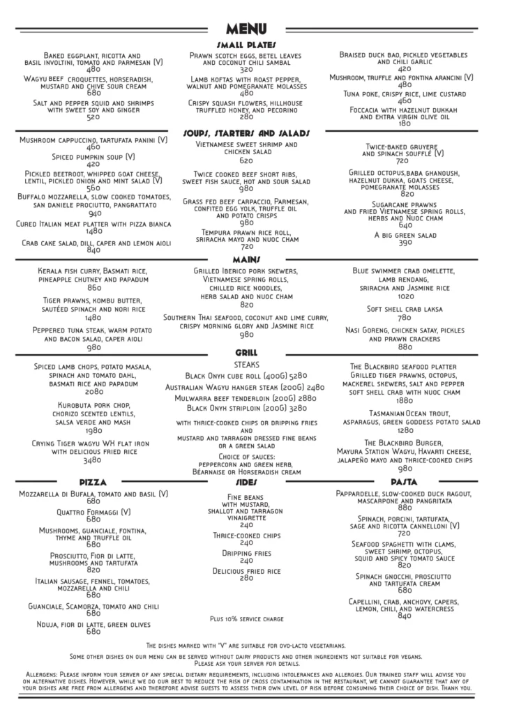 BLACKBIRD FRESH FROZEN MENU WITH PRICES