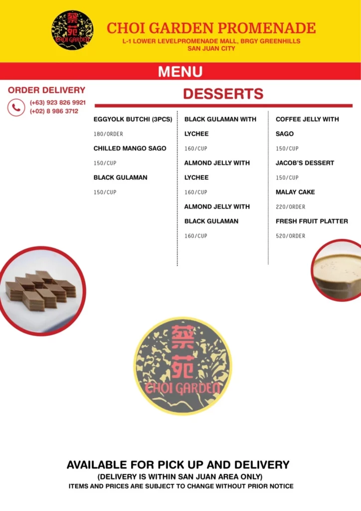 CHOI GARDEN DESSERT PRICES