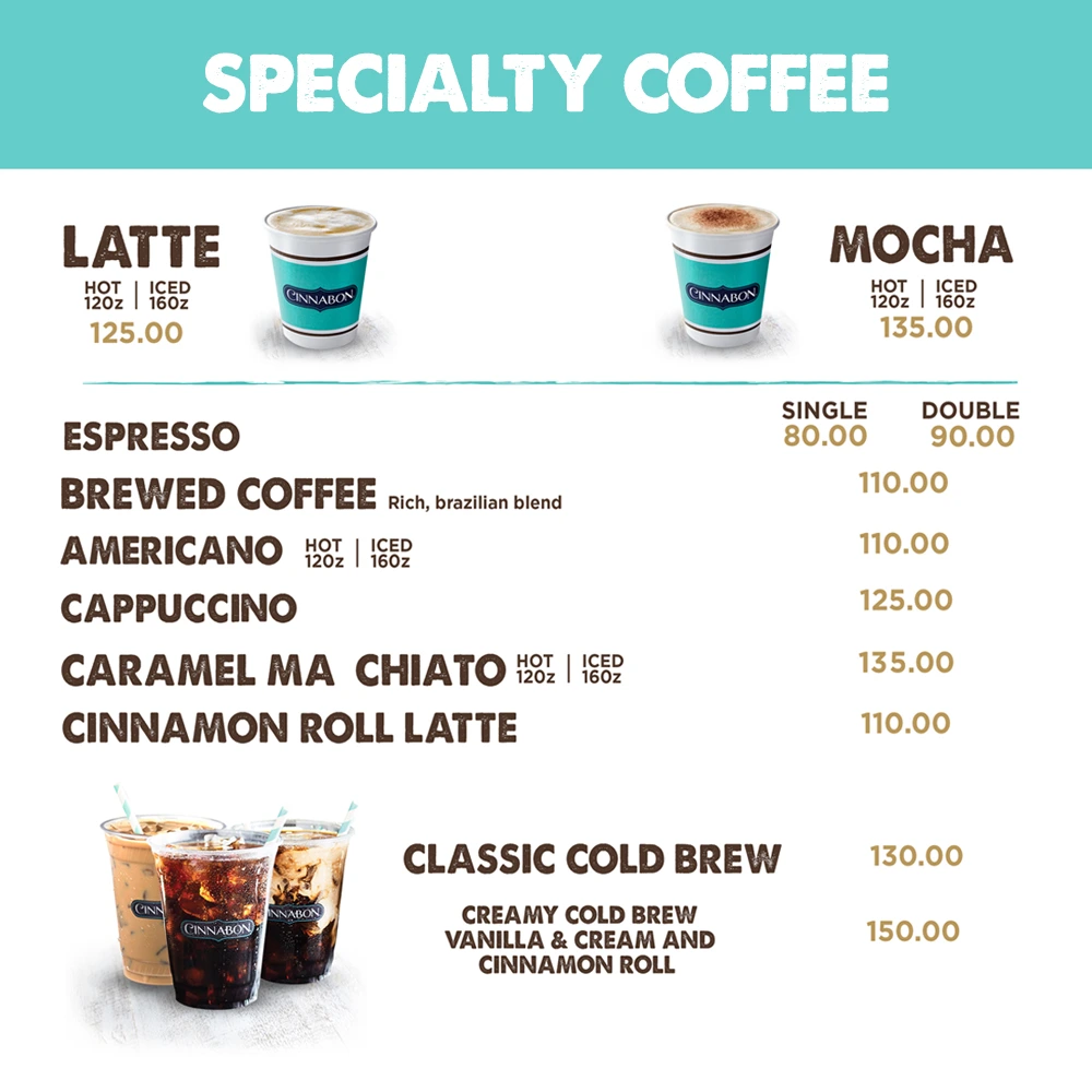 CINNABON SPECIALITY DRINKS MENU WITH PRICES