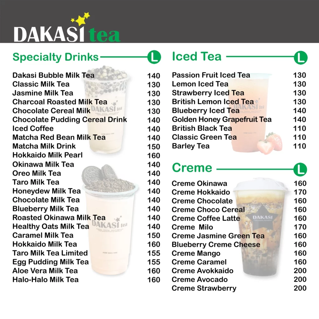 DAKASI ICED TEA MENU PRICES