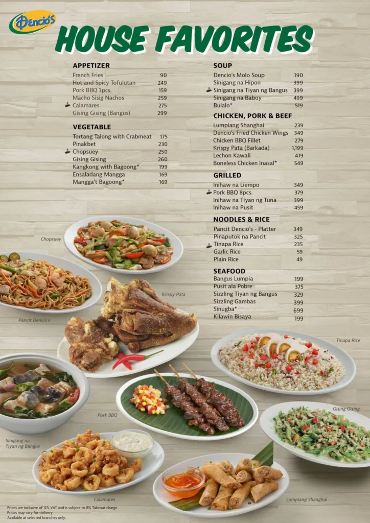 DENCIO’S FOOD ITEMS PRICES