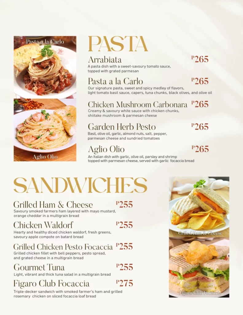 FIGARO COFFEE SANDWICHES MENU PRICES