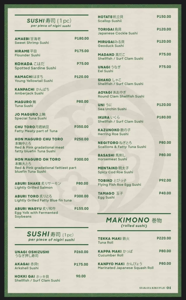 IZAKAYA KIKUFUJI IPPIN RYORI PRICES