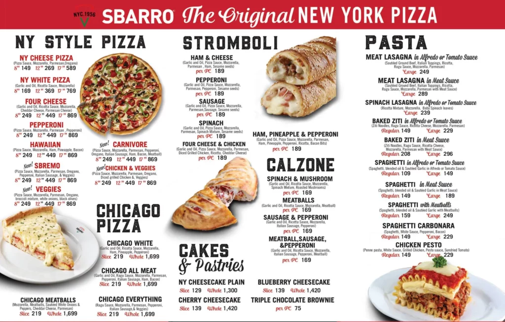 SBARRO NY PIZZA MENU WITH PRICES