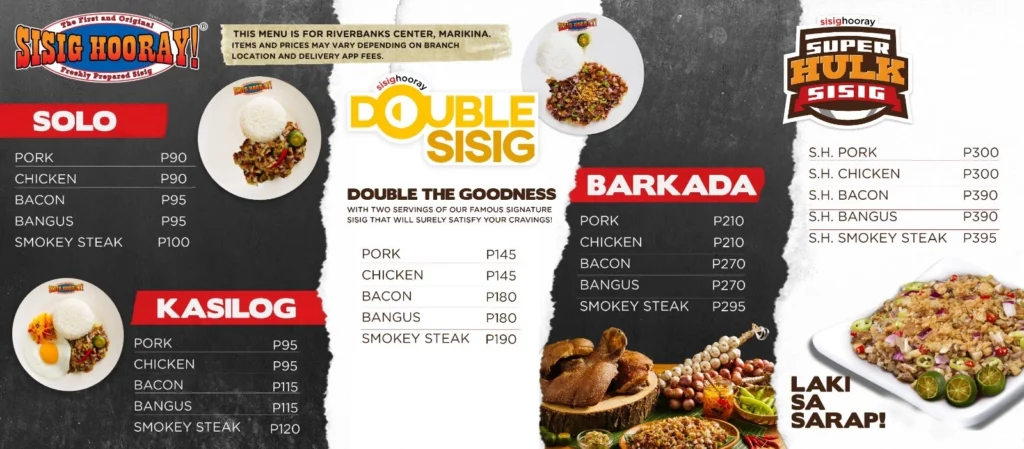 SISIG HOORAY KASILOG MENU WITH PRICES