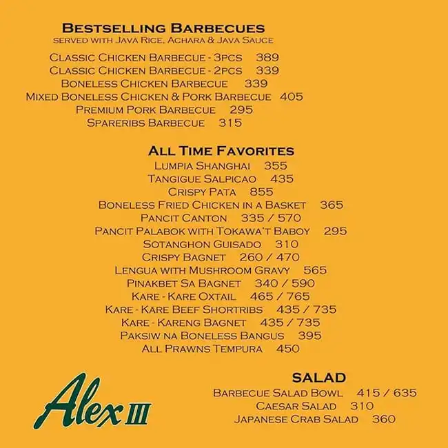 ALEX III MENU PHILIPPINES PRICES