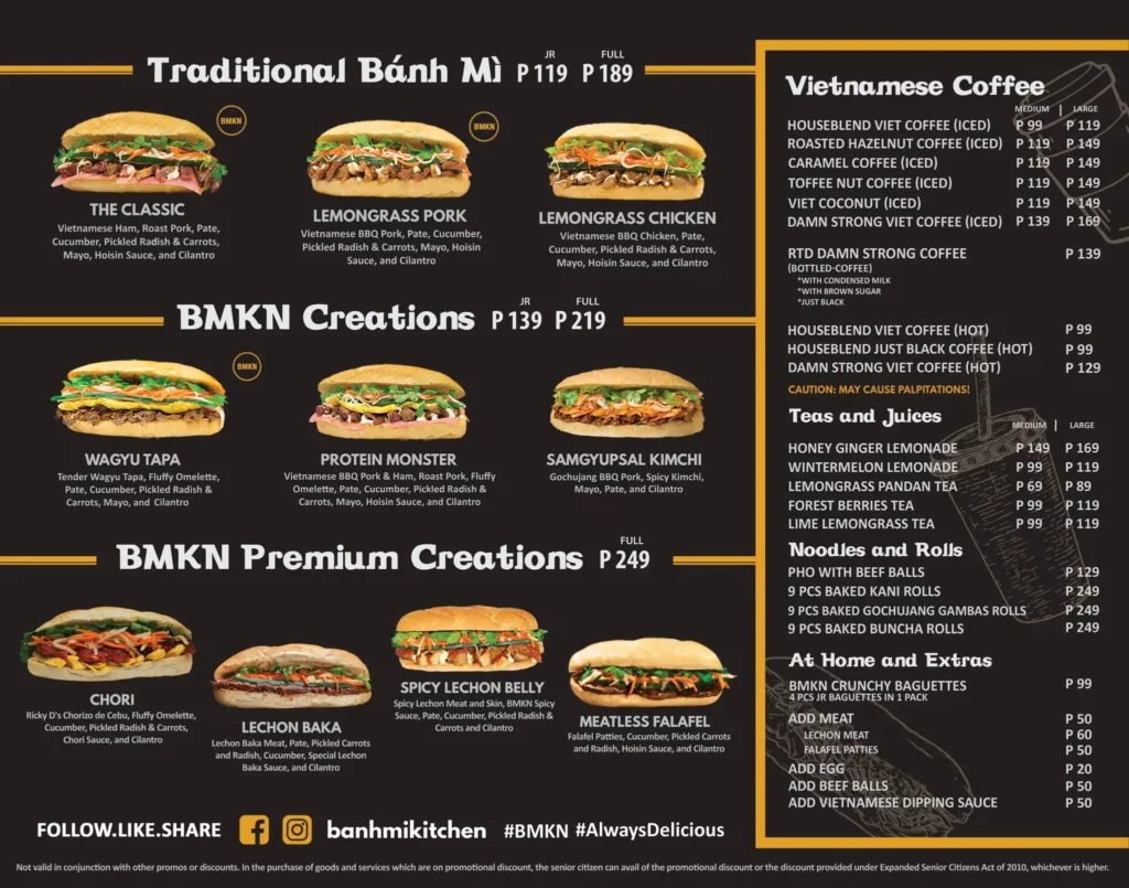 BANH MI BMKN PREMIUM CREATIONS MENU PRICES