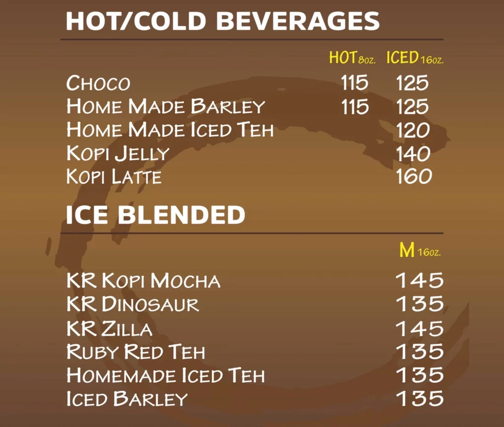 KOPI ROTI KOPI & TEH MENU PRICES