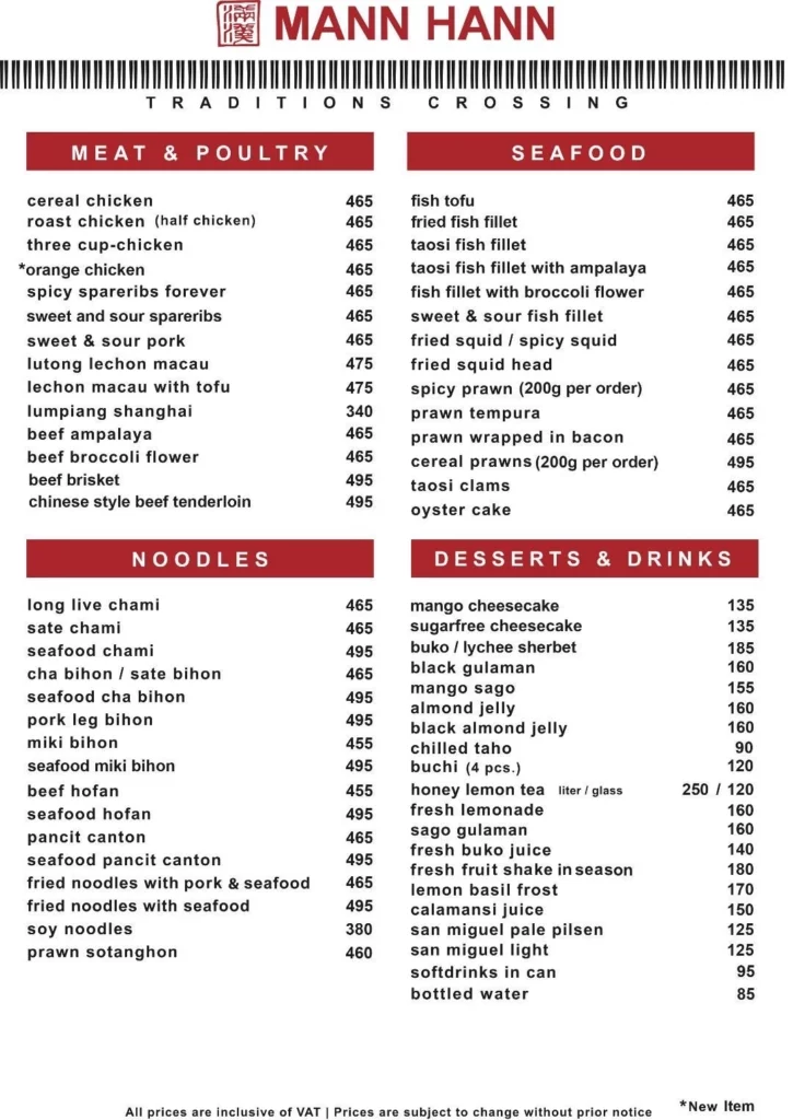 MANN HANN SEAFOOD PRICES