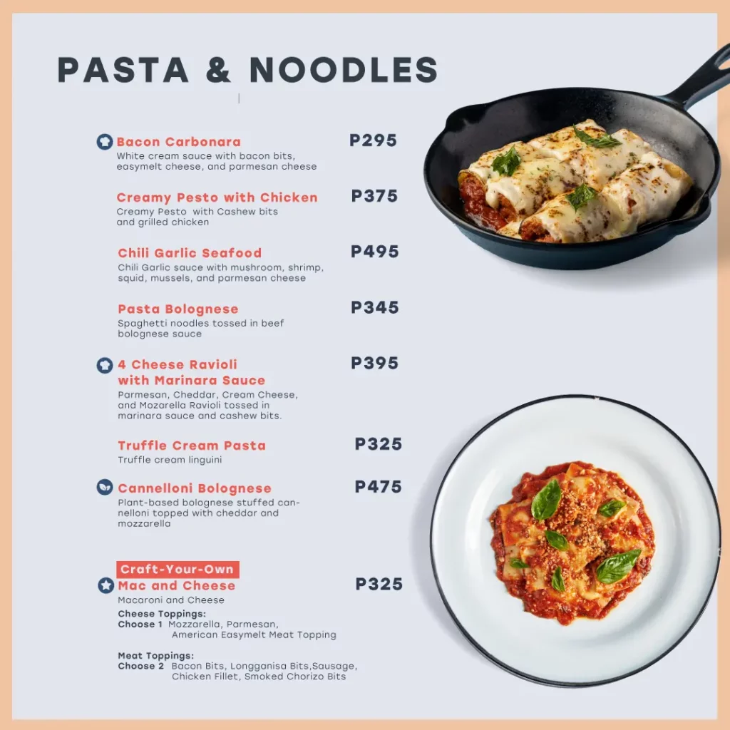 SCOUT’S HONOR PASTA & NOODLES MENU PRICES