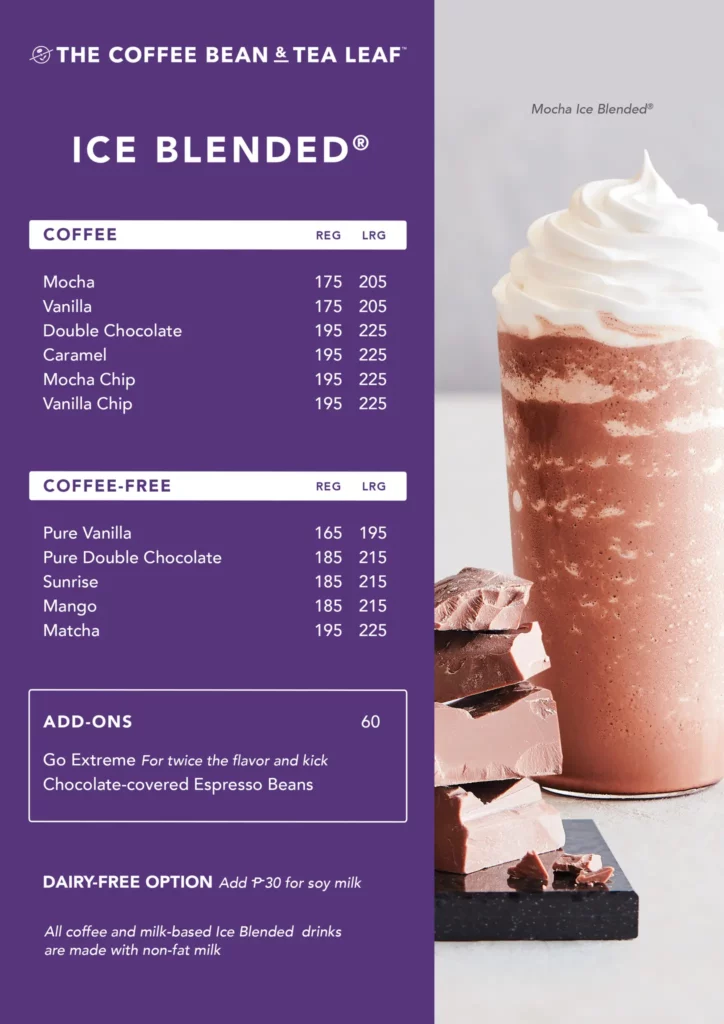 THE COFFEE BEAN & TEA LEAF ICE BLENDED COFFEE MENU PRICES