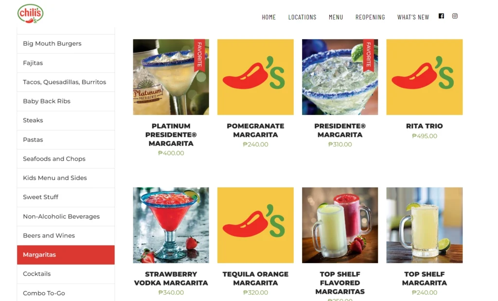 Chili's Margaritas and Cocktails Menu